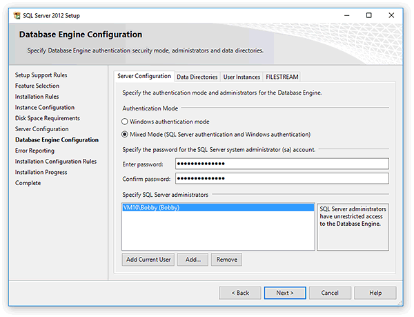 Choose the Authentication Mode for Microsoft SQL Server 2012